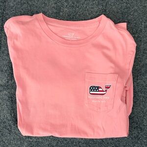 Vineyard Vines pink Pocket Tee with American Flag Whale